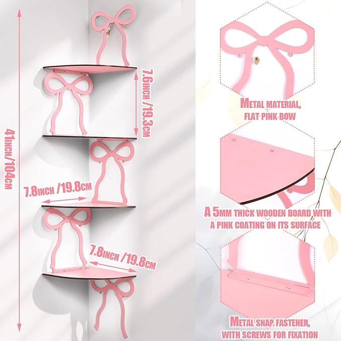 Kathfly 4 Tie Pink Bow Corner Shelf Wall Mounted Pink Floating Wood Corner