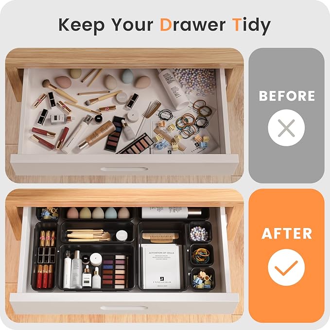 A-LuGei 【𝟮𝟴𝗣𝗖𝗦】 【𝟱𝗦𝗶𝘇𝗲】 Black Drawer Organizer, Makeup organizer, 【Holds 177 Items】 Bathroom Organizers and Storage, Plastic Desk Organizer Divider, Organizer Bins for Office Vanity