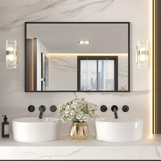 LOAAO 48"X32" Black Rectangle Bathroom Mirror Wall, Matte Black Aluminum Alloy