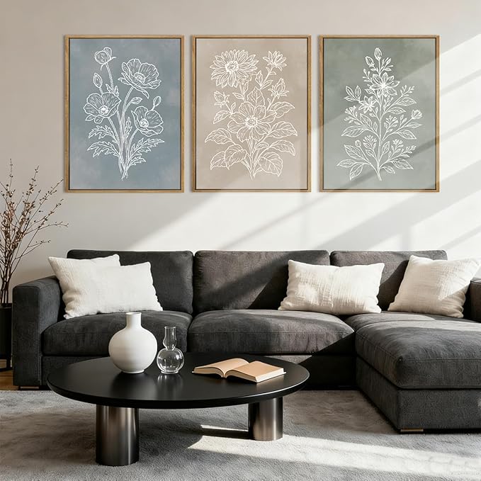 Anyzal Boho Floral Framed Wall Art 12x16 Inch Farmhouse botanical Canvas Wall Decor Modern Minimalist Plant Artwork for Living Room Bedroom Dining Room Set of 3