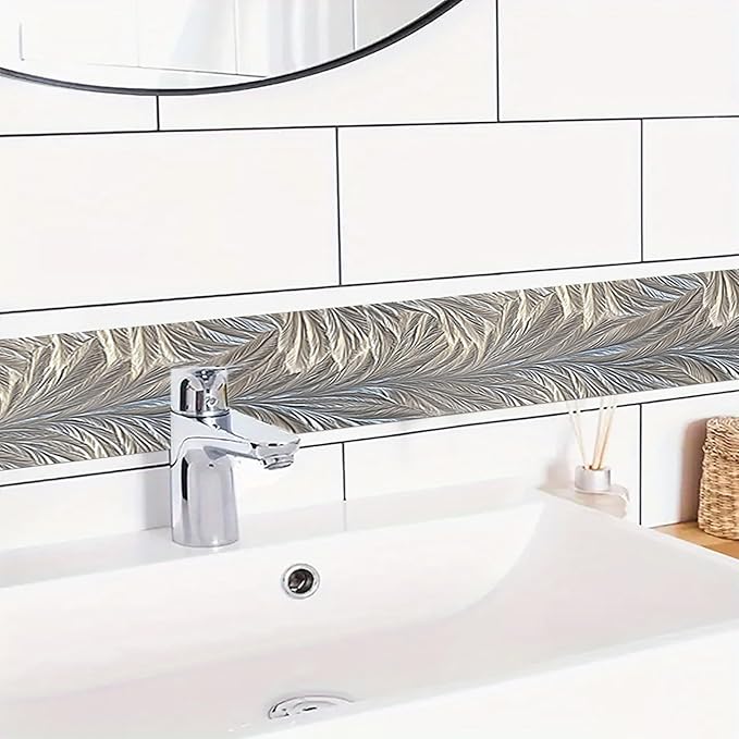 HOMETITUTE Wallpaper Border Peel and Stick Wall Border Silver Feather Texture