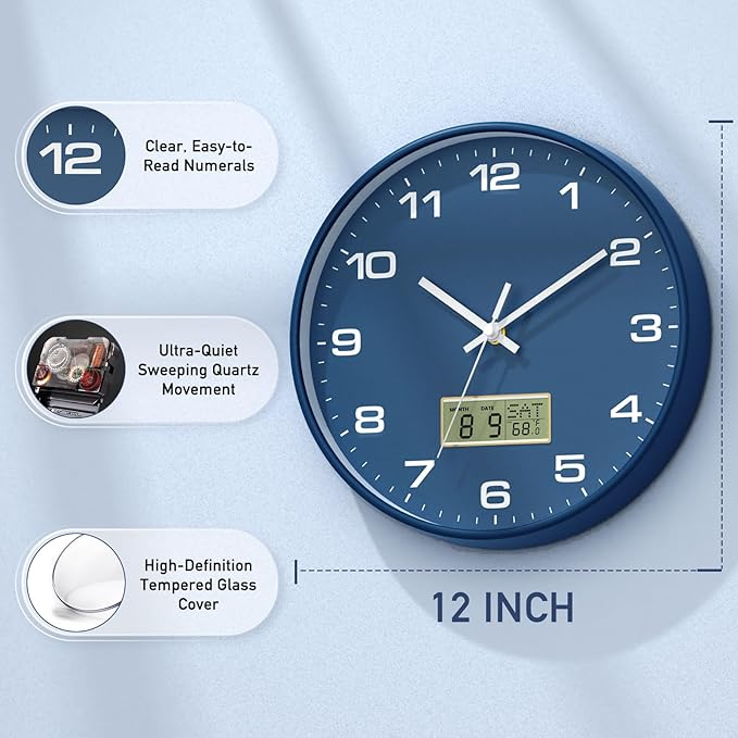 12 Inch Wall Clock, Silent Non-Ticking Analog