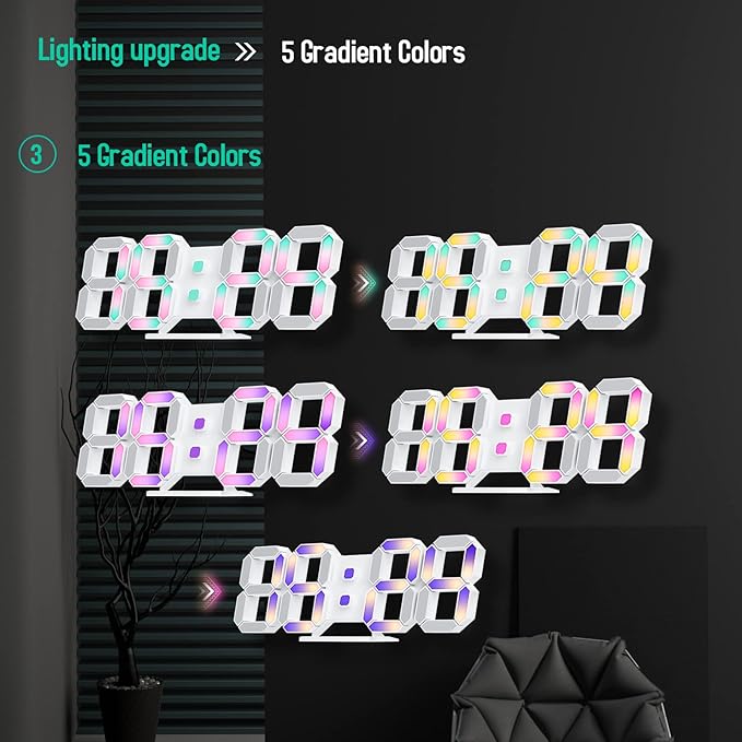 3D LED Digital Wall Clock 9.7" RGB Neon Alarm Clock, Large Display Desk/Wall