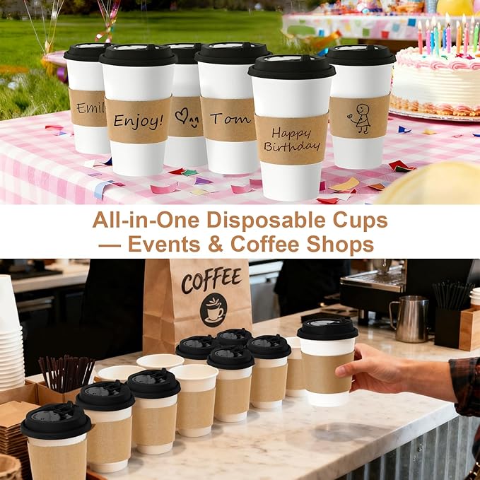 Coolcap 16 oz 500 Pack Coffee Cups with Lids and Sleeves, Straws, Hot Disposable To Go Travel Paper Cups Bulk for Office, Home Coffee Bar Accessories, Chocolate, Cocoa, Beverage (Black)