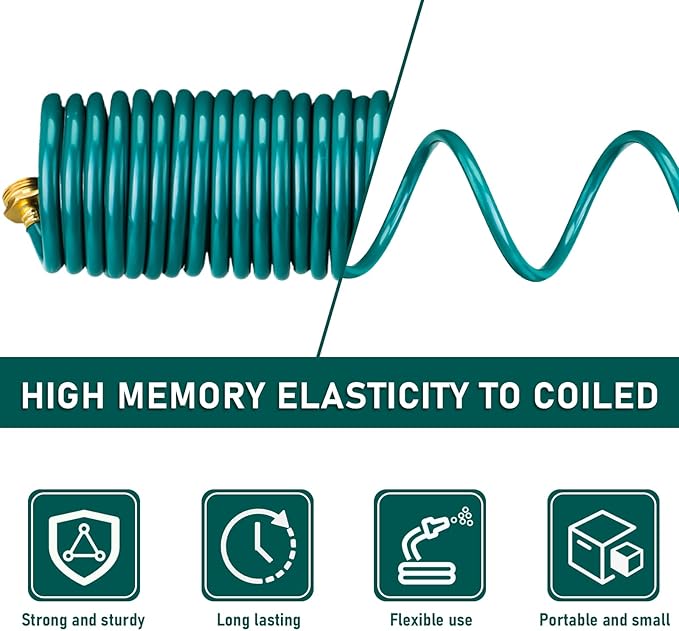 Pangda 25 Ft x 3/8'' Coil Garden Hose EVA Recoil Garden Self Coiling Expanding Water Hose with 6 Function Spray Nozzle Universal 3/4'' Brass Connector Fitting for Outdoor Yard(Green)