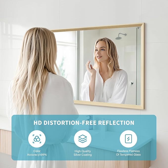 Oak Wood Effect Framed Wall Mirror, 24x36 Rectangle Mirror, Anti-desilvering