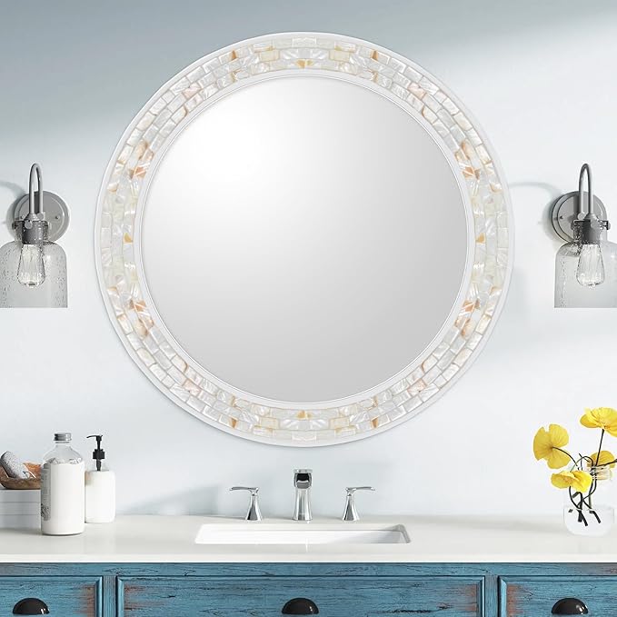 Mosaic Mirrors for Wall 30 Inch, Natural Mother of Pearl Inlay White Framed