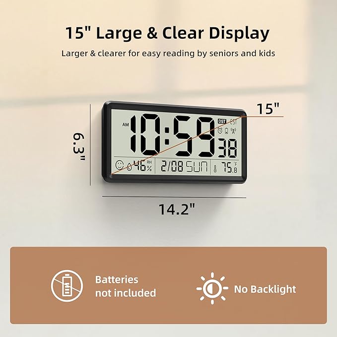 EASYERA 15'' Large Digital Wall Clock Battery Operated, Atomic Clock