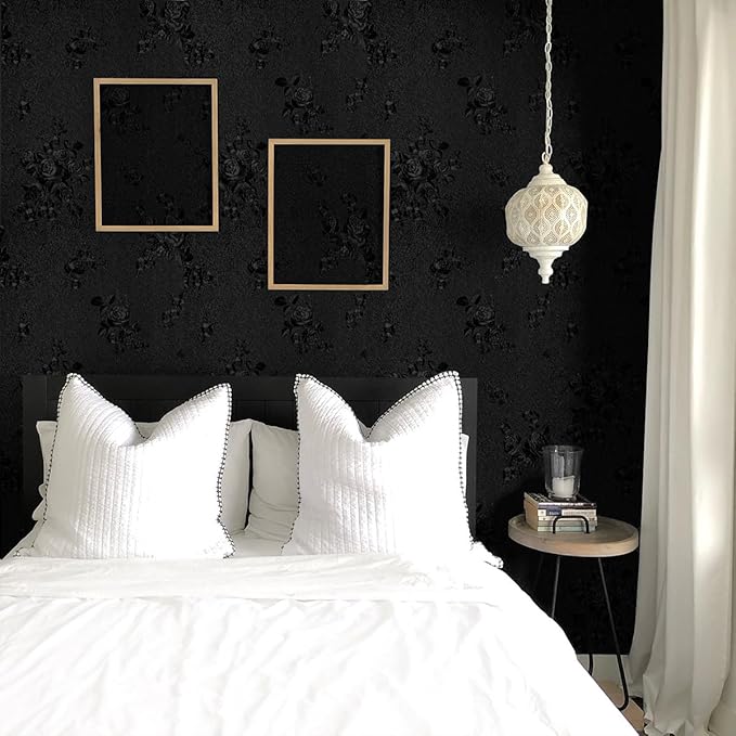 Erfoni Black Peel and Stick Wallpaper Black Floral Embossed Contact Paper