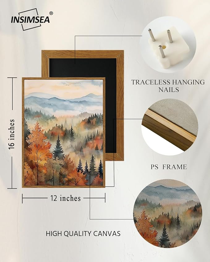 InSimSea Framed Canvas Prints Art Vintage Decor, Classical Retro Fall Forest Painting Autumn landscape Trees Canvas Prints Home Decor Office Farmhouse Bathroom, 12x16inch