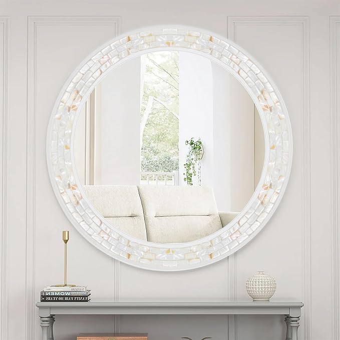 Large Round Mirror 36 Inch, Natural Mother of Pearl Inlay Mosaic Frame Circle