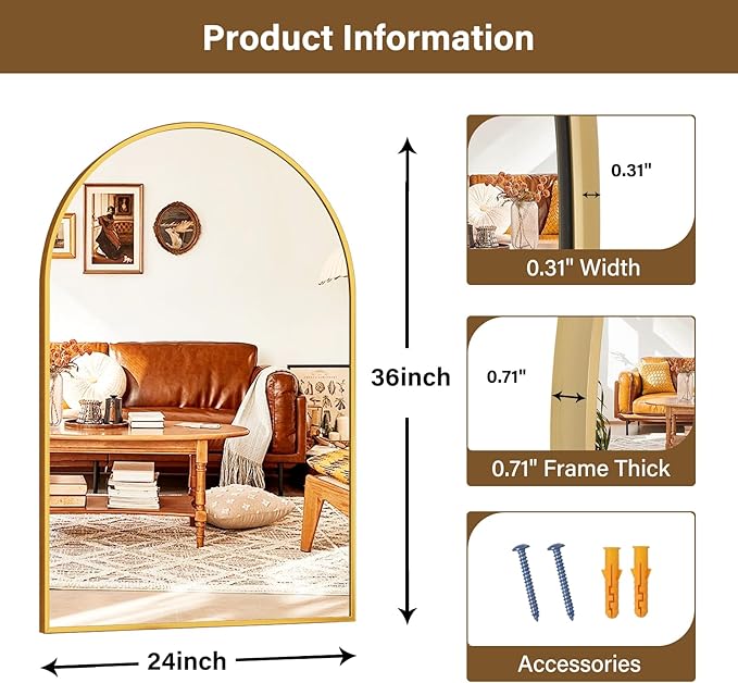 XRAMFY 24"x36" Gold Arched Bathroom Mirror