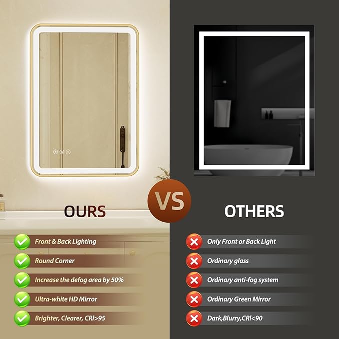 24x32 Inch Gold Framed LED Bathroom Mirror