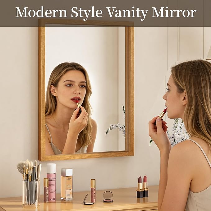 Syndra Natural Wood Frame Bathroom Mirror, 22x30'' Modern Vanity Mirror