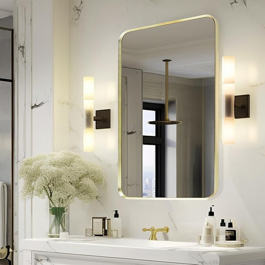 Wall Mount Mirror for Bathroom, Brushed Gold Metal Framed Rounded Corner