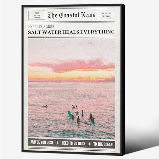 Pink Beach Newspaper Posters Vintage Fashion Coastal Girl Surf Wall Art 16X24