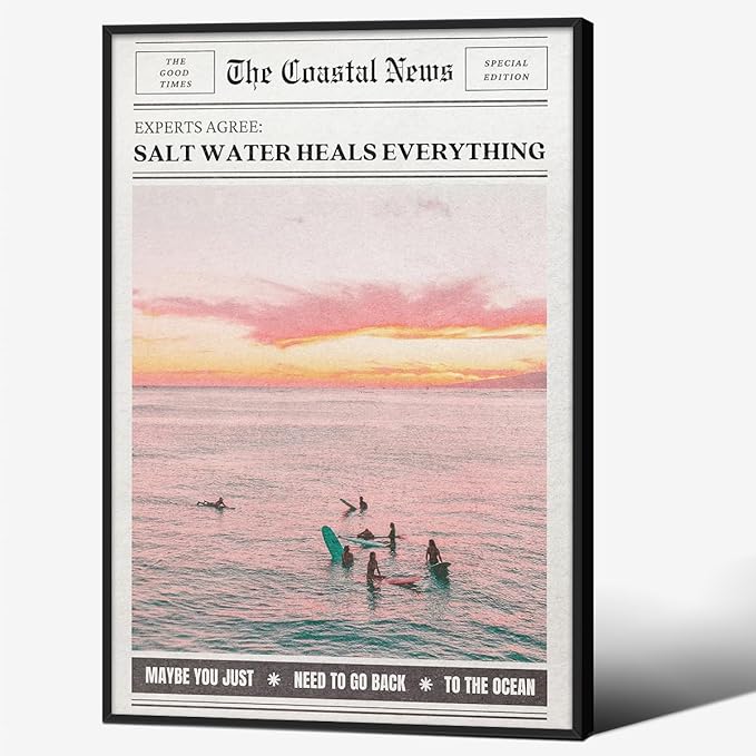 Pink Beach Newspaper Posters Vintage Fashion Coastal Girl Surf Wall Art 24X36