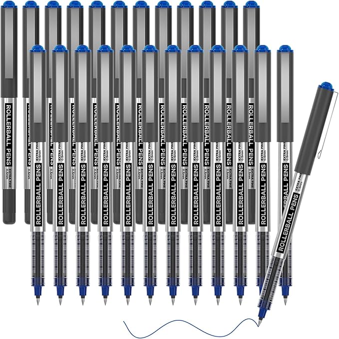 Shuttle Art RollerBall Pens, 25 Pack Blue Fine Point Roller Ball Pens, 0.5mm Liquid Ink Pens for Writing Journaling Taking Notes School Office