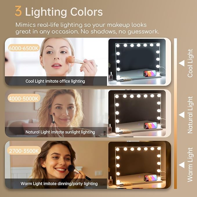 Hollywood Vanity Mirror with Lights, 15 Led Bulbs, 3 Lighting Modes