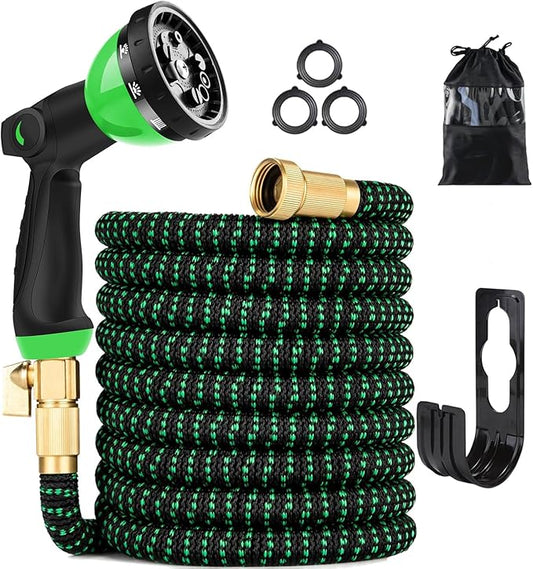 50 ft Expandable Garden Hose - Kink Free Flexible Water Hose with Thumb-Controlled 10-Function Nozzle, 3/4 Solid Connectors, Durable 3750D Fabric, 4-Layer Latex Core