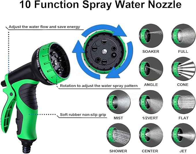 Non-Expandable Garden Hose 100FT – Heavy Duty No-Kink Flexible Water Hose with 10-Function Spray Nozzle, Solid Brass Fittings, Leakproof Design, Hanger & Washers – for Outdoor Use