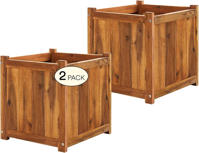 IDZO Set of 2 Acacia Wood Flower Planters for Outdoor Plants, Ergonomic Handles, Drainage Holes, Various Sizes, Ideal for Home DÃ©cor, Light Cherry