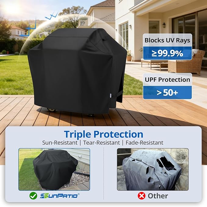 SunPatio Gas Grill Cover 60 Inch, Outdoor Heavy Duty Waterproof Barbecue Gas Cover, UV and Fade Resistant, All Weather Protection Compatible for Weber Charbroil Brinkmann Grills and More, Black