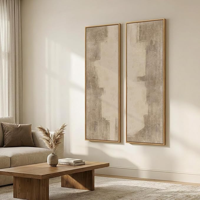Long Narrow Framed Neutral Abstract Vertical Wall Art Set of 2, Oversized