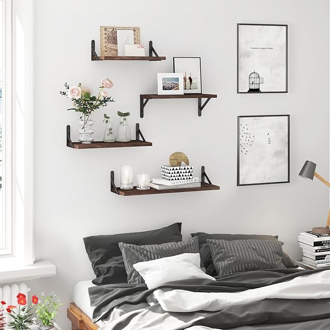 YGEOMER Floating Shelves for Wall, Different Sizes Walnut Wall Shelves for