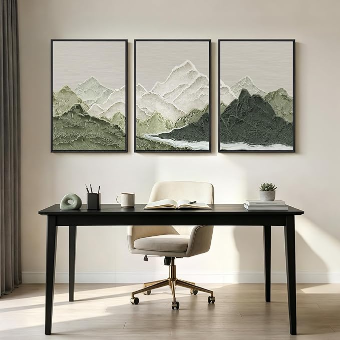 Framed Green Abstract Mountain Wall Art for Living Room, 3 Piece Large Landscape Prints Canvas Artwork for Walls, Modern Minimalist Scenic Pictures Hallway Dining Room Home Office Wall Decor, 24x36 In