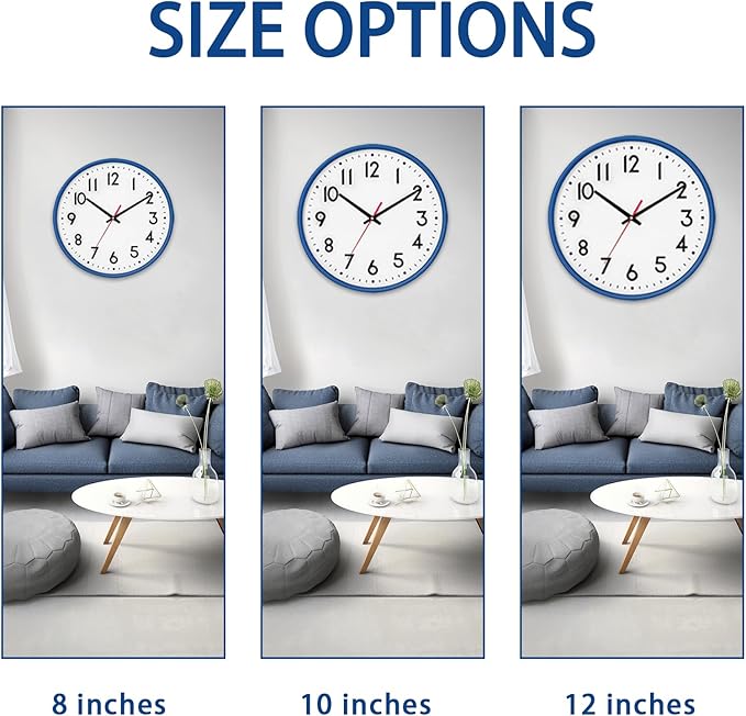 HZDHCLH Wall Clock Blue, Silent Wall Clocks Battery Operated 10 Inch Modern Non