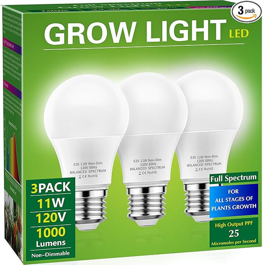 Briignite Full Spectrum LED Grow Light Bulb - A19 E26 Base, 11W (100W Equivalent) - for Indoor Plants, Seed Starting - 3 Pack