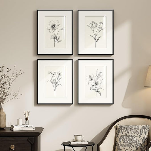 Framed Black and White Botanical Wall Art, Farmhouse Rustic Flower Artwork