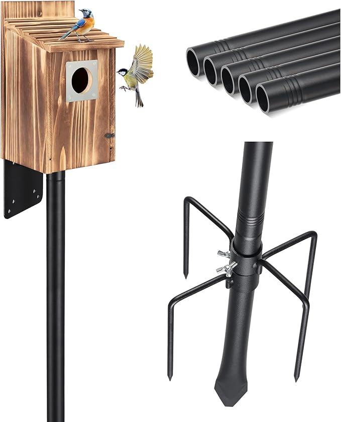 Heavy Duty Bird House Pole for Outdoor, 75” Adjustable Metal Bird Feeder Pole, 6.7 inch Wide 5-Prong Base, 1 inch Diameter Mounting Pole for Smart Bird Feeder, Bluebird House, Patios & Gardens