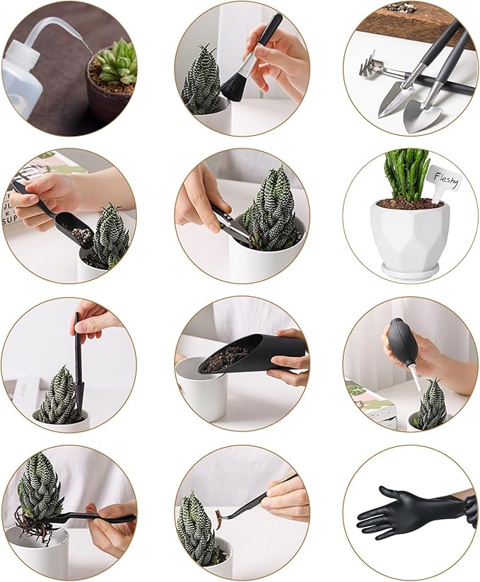 Melphoe 25Pcs Mini Garden Hand Transplanting Succulent Tools Set, 39.4" Thickened Repotting Mat & Plant Tag, Miniature Planting Indoor Fairy Care, Potting, Cactus, Houseplant Bonsai Tool Kit (Black)