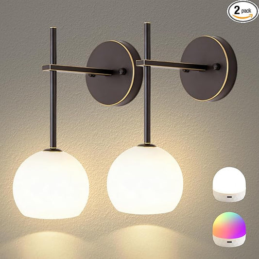 Brown Gold Battery Operated Wall Sconces Set of 2, Rechargeable Wireless Wall