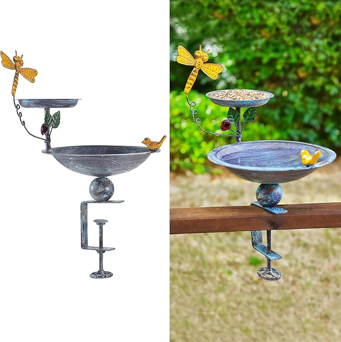 Bird Bath for Deck Railing and Balcony, 2 in 1 Bird Feeders for Outdoors with Heavy Duty Clamp, Unique for Outside and Silver Birdfeeder Suitable for Garden Porch Backyard