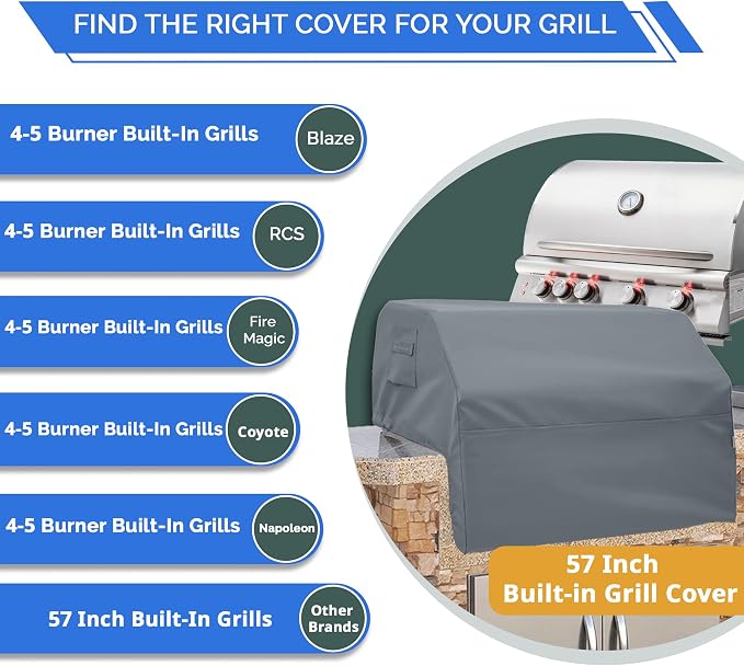 Covers & All Built-in Grill Cover for Outdoor Grill – Heavy Duty 12 oz Waterproof Built-in BBQ Grill Cover, PVC-Coated Polyester with Elastic Hem for Snug Fit (57 x 27 x 26 inches, Grey)