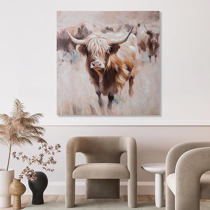 JolyWell Textured Highland Cow Canvas Wall Art Hand painted Farm Animals