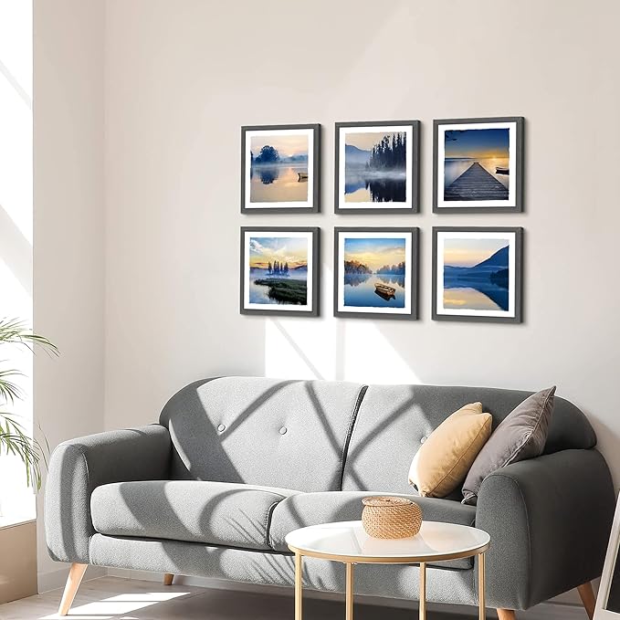 Framed Lake Scenery Wall Art: Calming Forest Fog Print Pictures Relaxing Nature Landscape Painting Contemporary Frames Mountain Tree Artwork 6 Pieces Sunset Picture for Bedroom Living Room