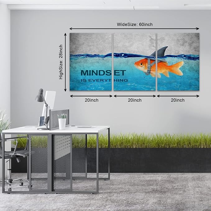 KAWAHONE 3 Panels Modern Framed Inspirational Quote Canvas Wall Art-Mindset is