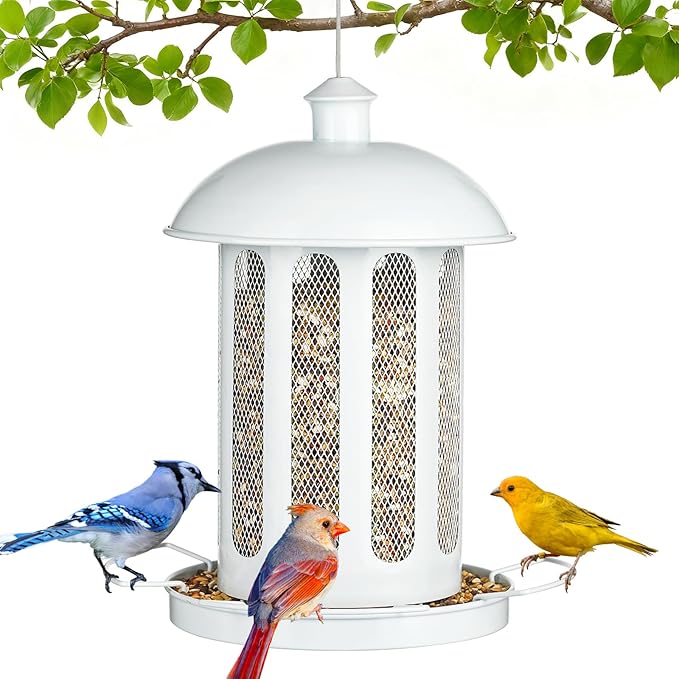 Bird Feeder, Large Capacity Bird Feeders for Outdoor Hanging, Heavy Duty Metal Wild Birdfeeder for Outside Garden Yard Decor, Retro Lantern Shape (White)