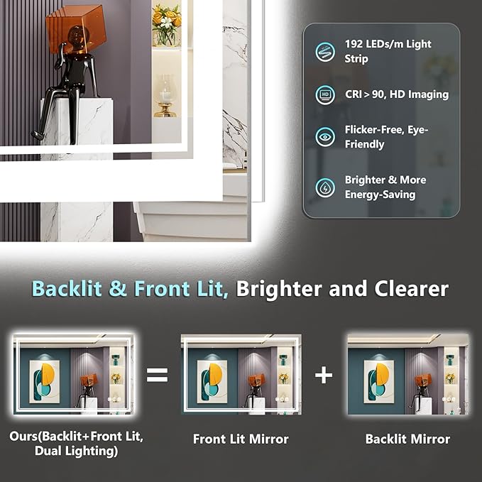 48x36 LED Bathroom Mirror with Lights, Backlit and Front Lit Anti-Fog Lighted
