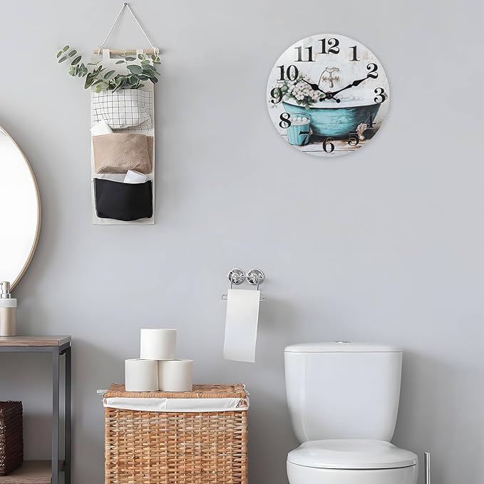 Silent Wall Clocks for Bathroom, Rustic Style Waterproof Glass Wall Clock for