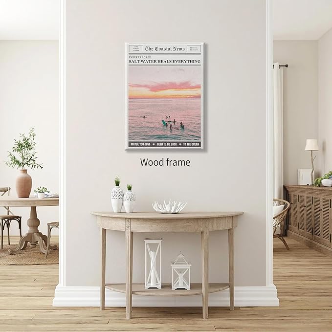 Pink Beach Newspaper Posters Vintage Fashion Coastal Girl Surf Wall Art 08x10