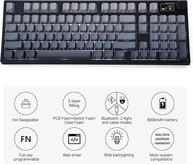 NJ98 Wireless Custom Mechanical Keyboard with Screen Knob 96% Hot Swappable RGB Keyboard Mac Windows (Black Samurai, Brass Plate-G Milky Yellow Pro)