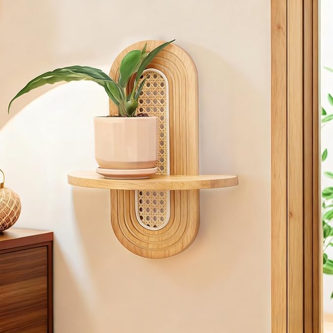 Floating Shelves for Wall, Boho Home Wall Decor, Rattan Plant Shelf Set of 2
