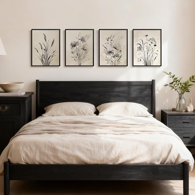 Framed Boho Vintage Botanical Wall Art, 4 Piece Black and White Floral Canvas