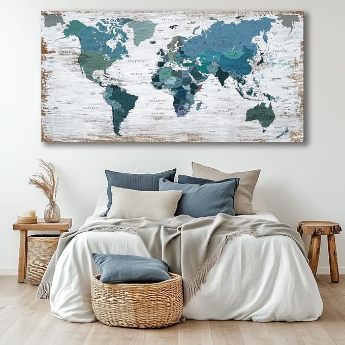 Teal Decor map of the world Canvas Wall Art Pictures