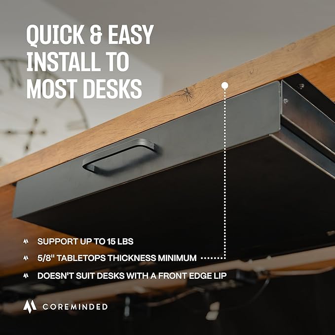 Under Desk Drawer Slide Out Attachment - Carbon Steel Undermount Table Drawer with Cable Management, Pull Out Add-On Storage for Office & Standing Desks (13" x 8" x 2.8")